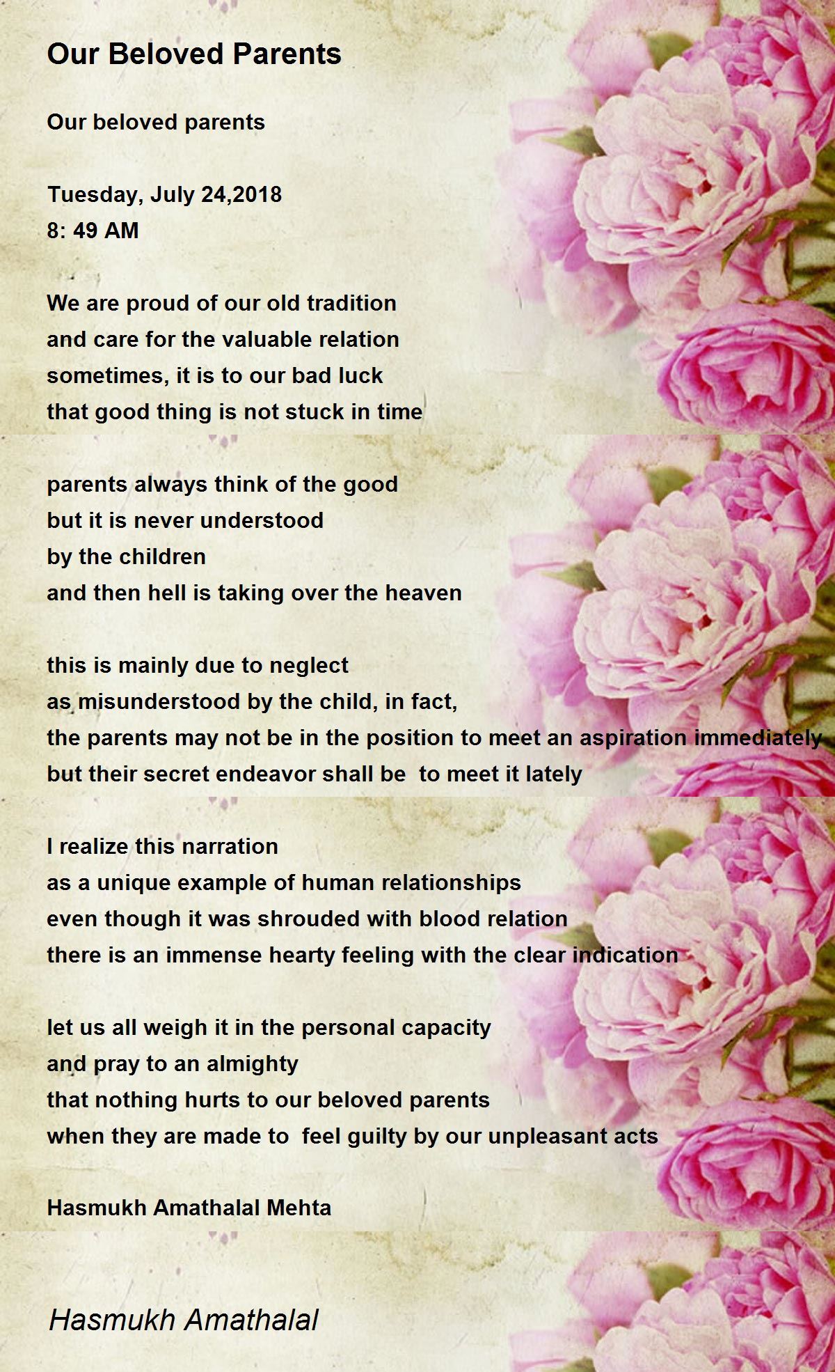 Our Beloved Parents Our Beloved Parents Poem by Mehta Hasmukh Amathaal