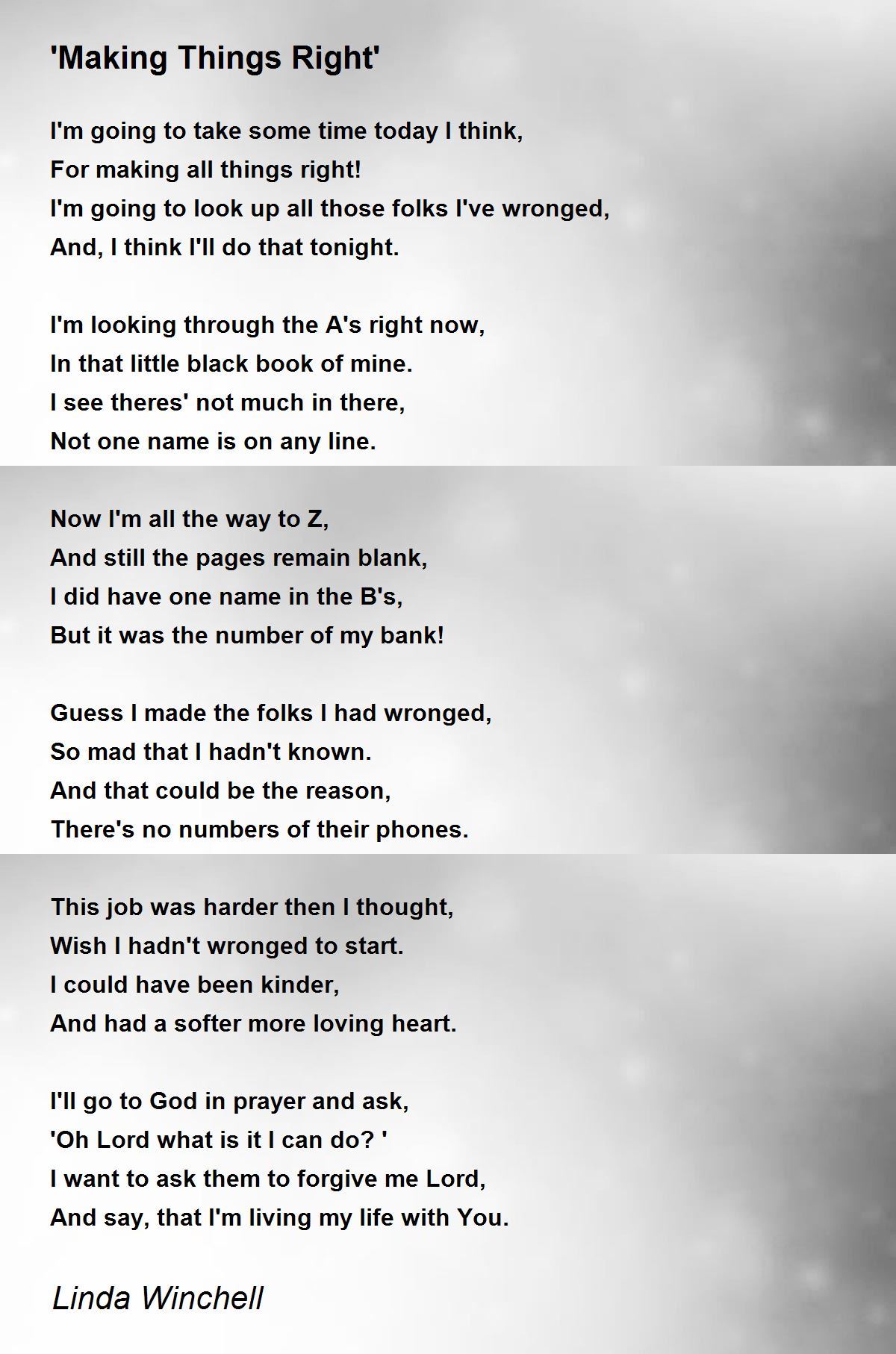 'Making Things Right' Poem by Linda Winchell Poem Hunter