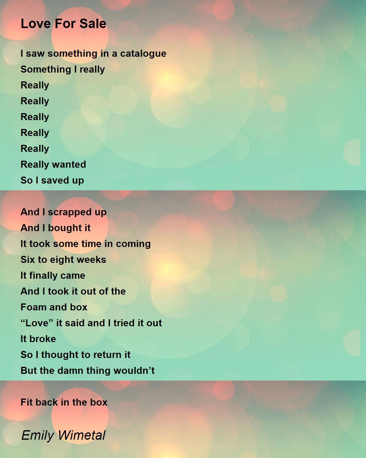 Love For Sale Poem by Emily Wimetal Poem Hunter