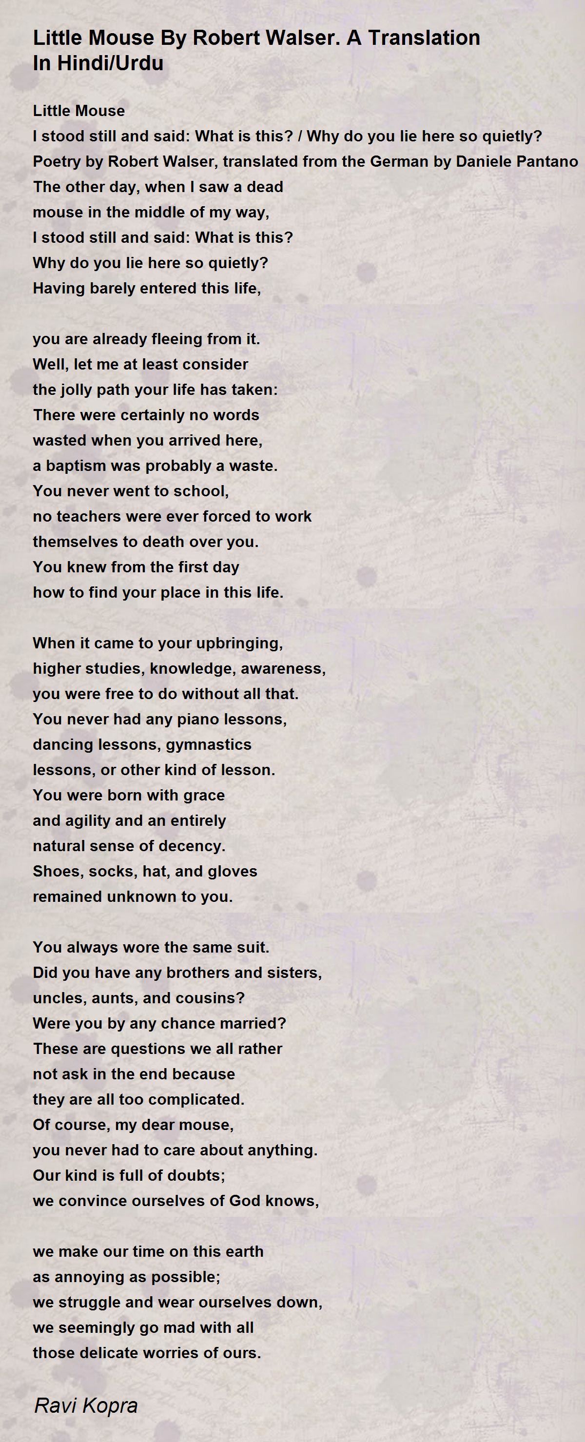 Little Mouse By Robert Walser A Translation In Hindi Urdu Poem By Ravi Kopra Poem Hunter