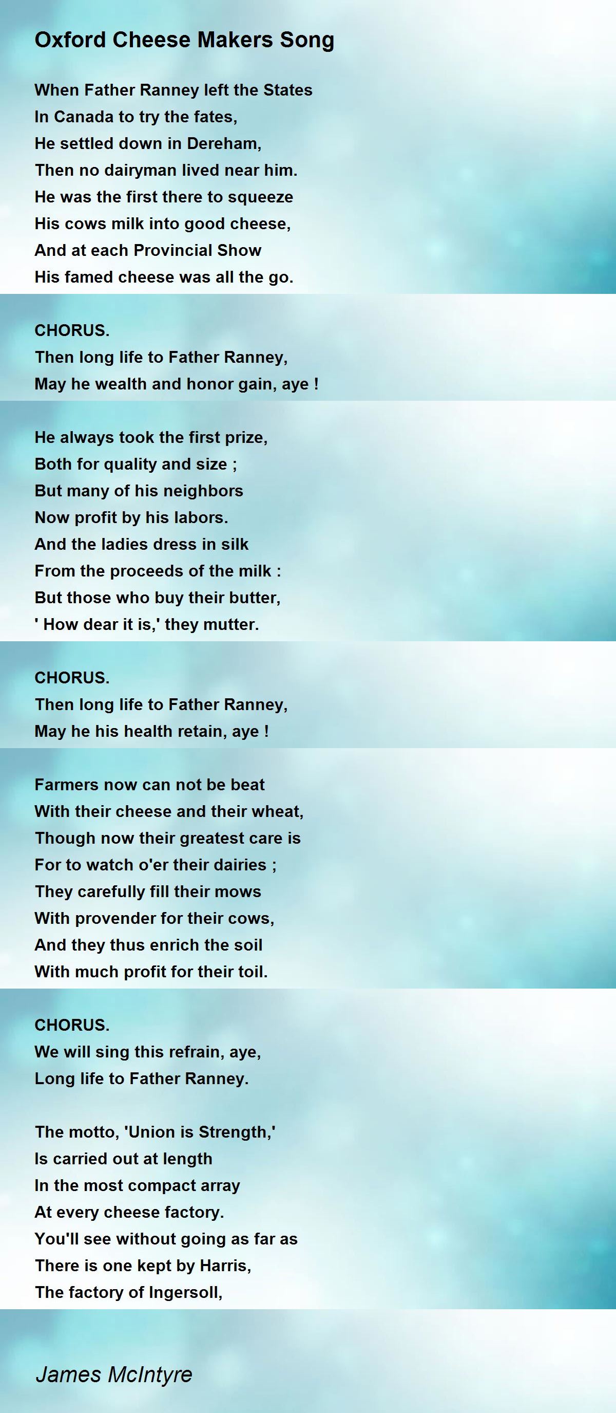 Oxford Cheese Makers Song Oxford Cheese Makers Song Poem by James