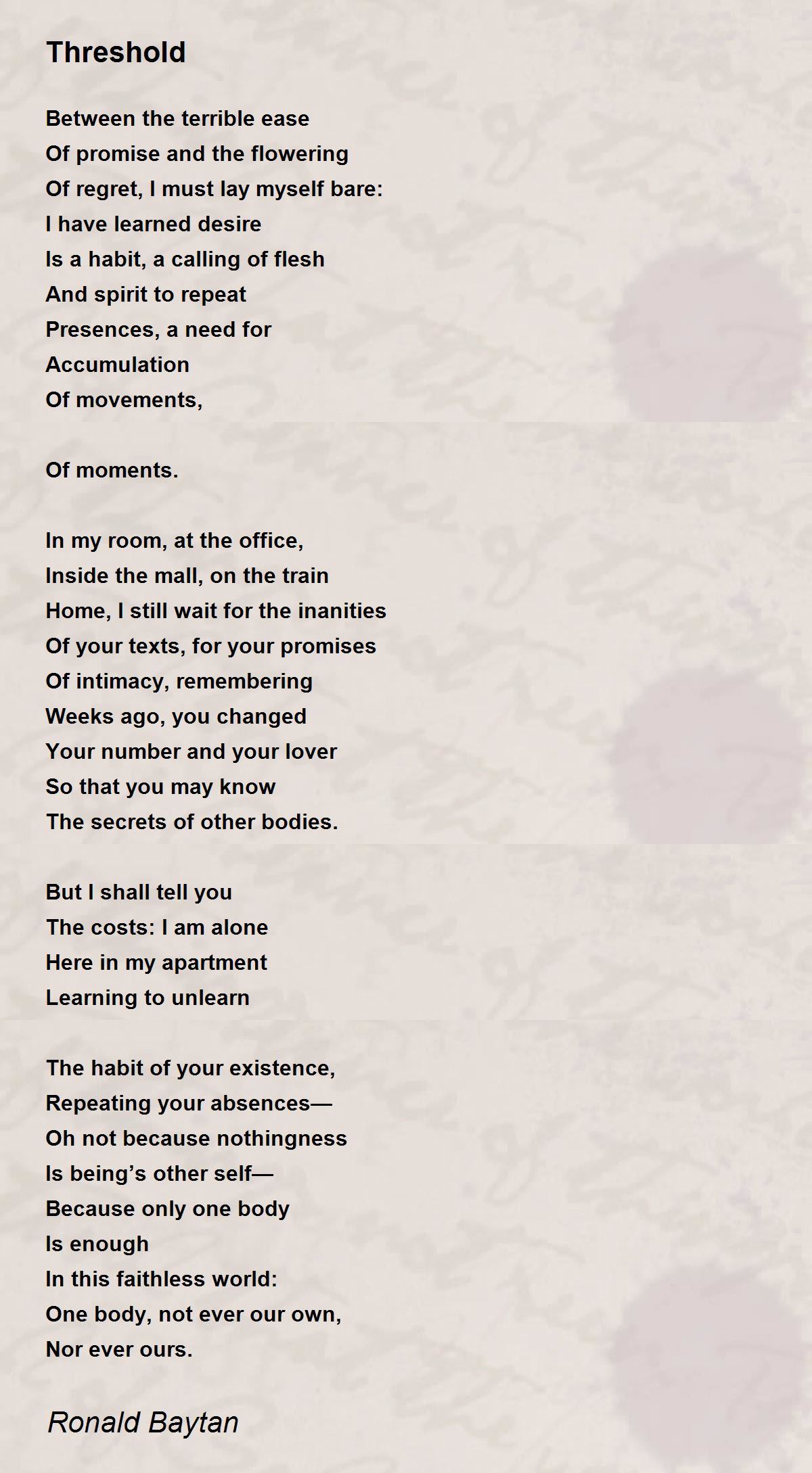 Threshold Threshold Poem by Ronald Baytan