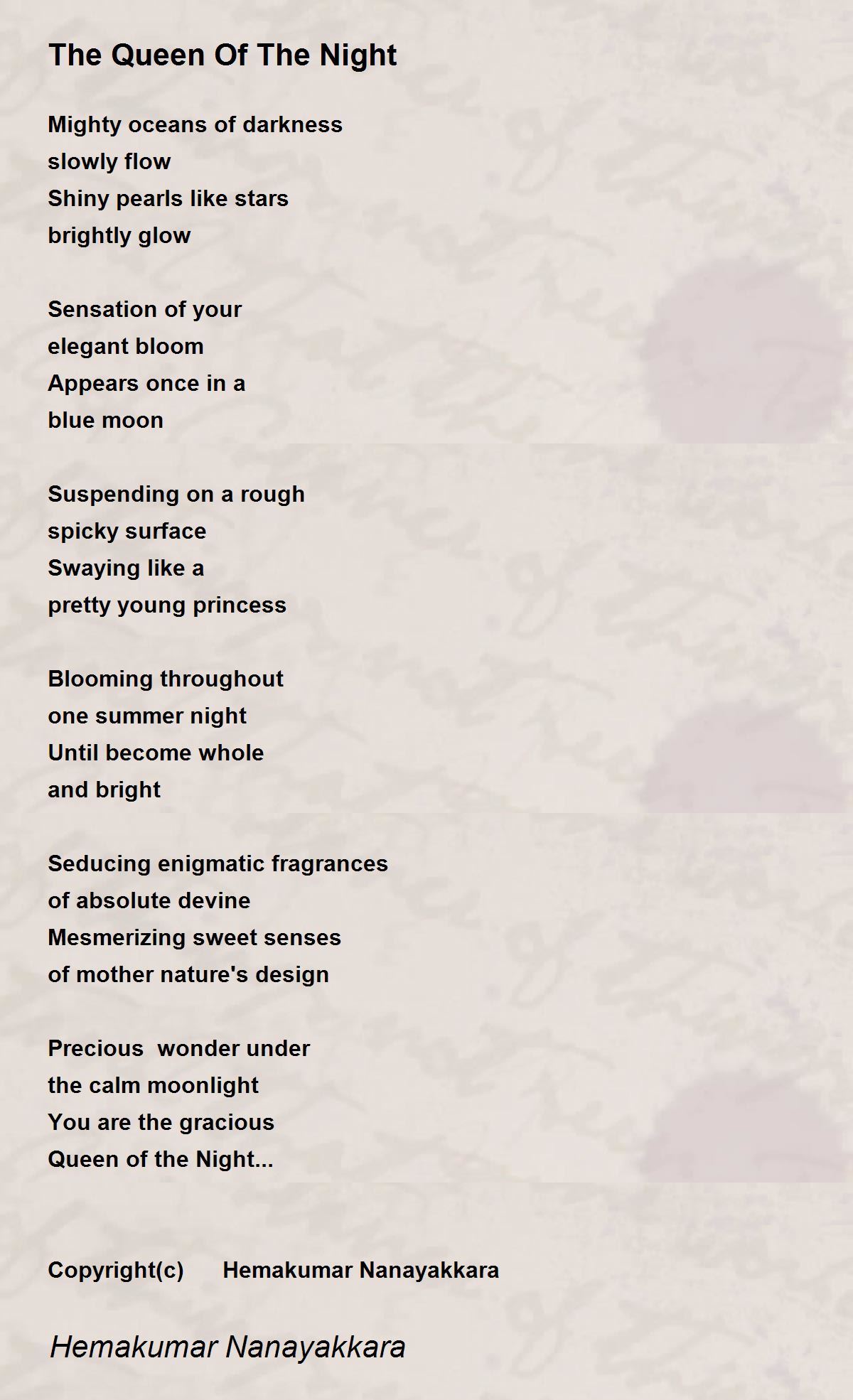 The Queen Of The Night Poem by Hemakumar Nanayakkara Poem Hunter
