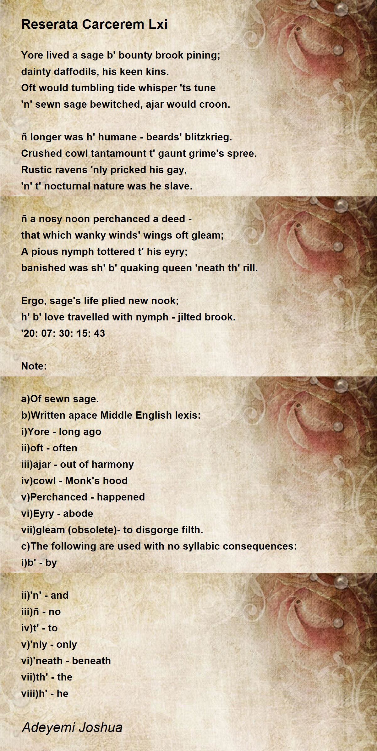 Reserata Carcerem Lxi By Joshua Adeyemi Reserata Carcerem Lxi Poem