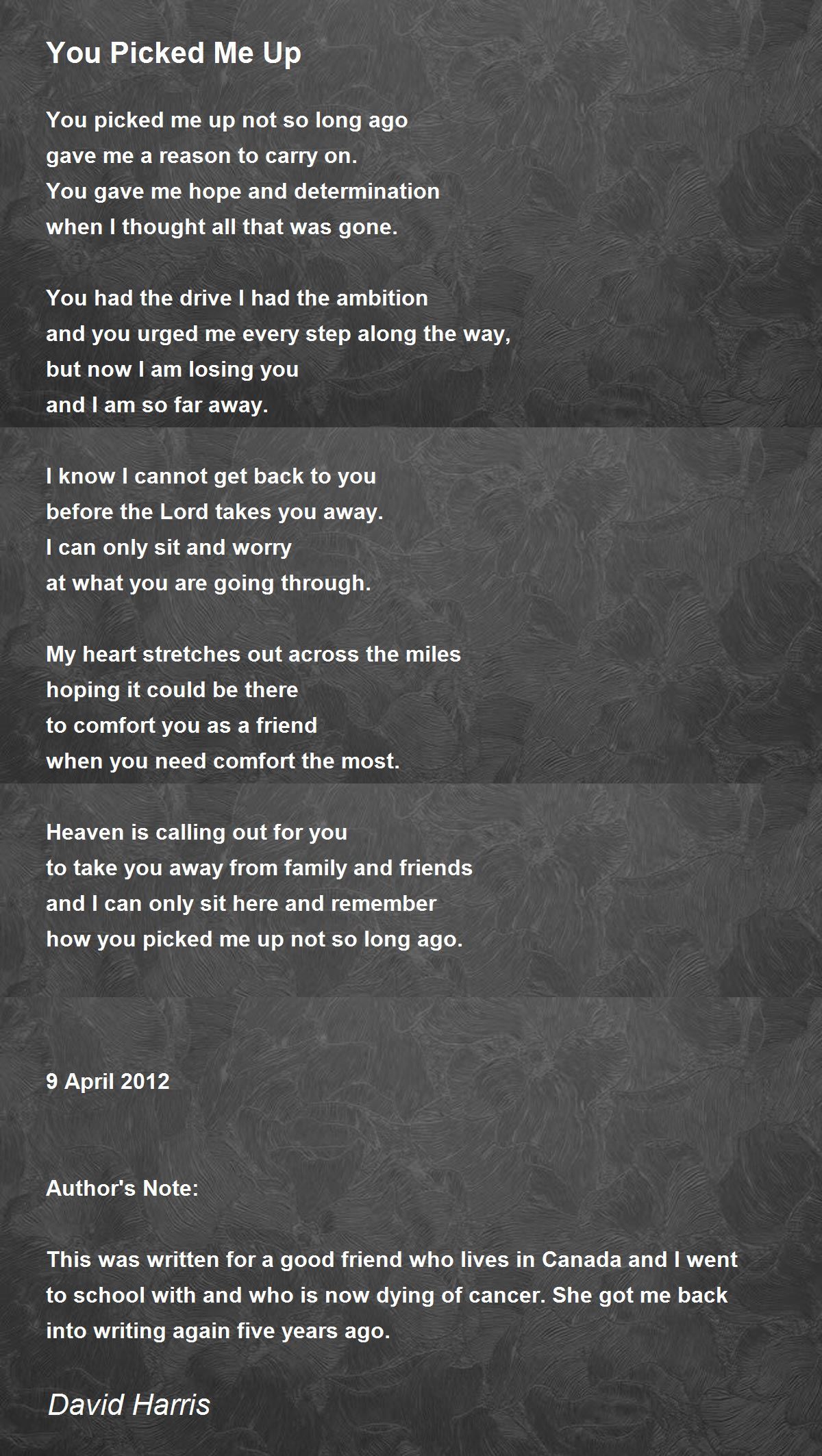 You Picked Me Up You Picked Me Up Poem by David Harris