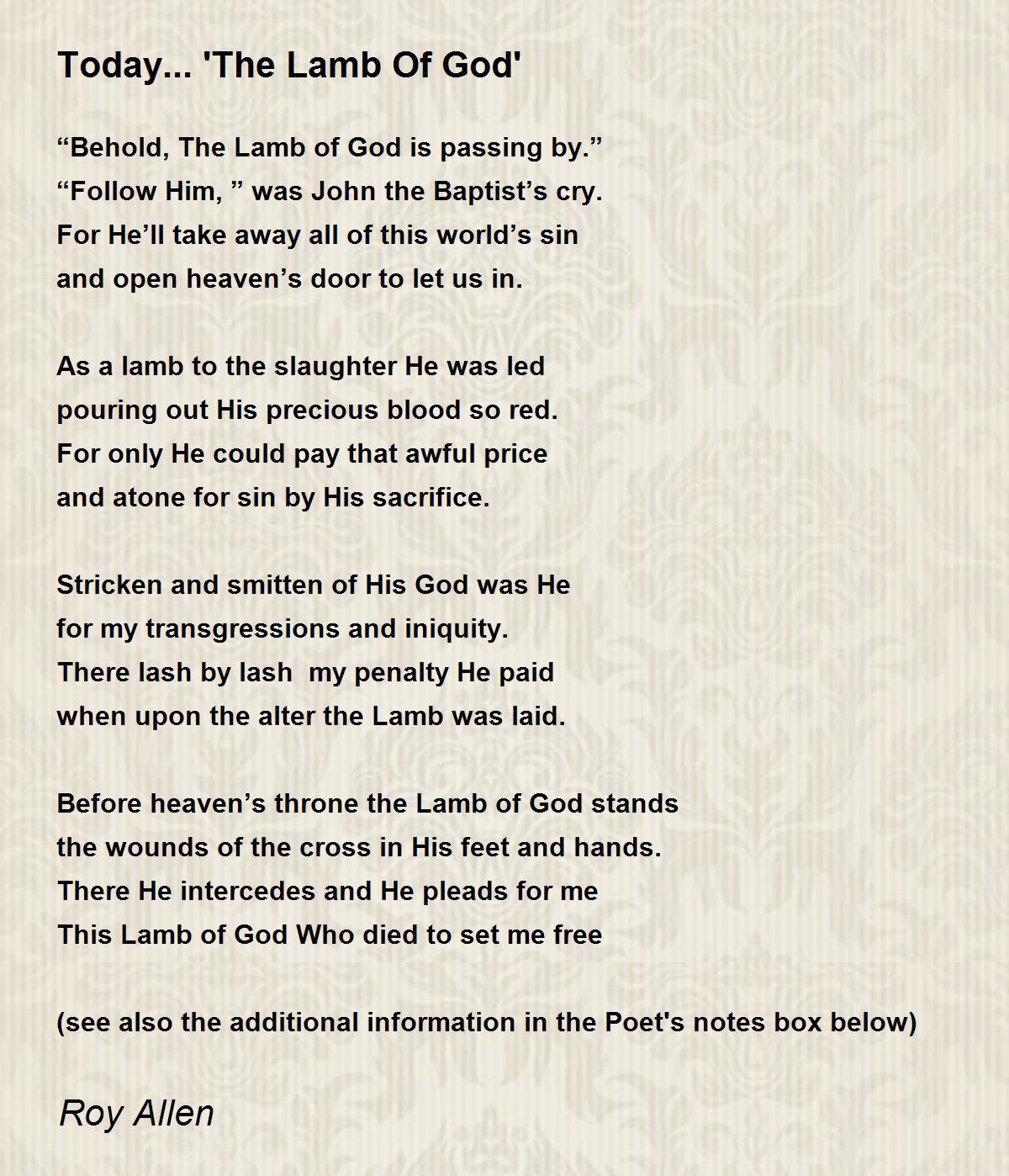 Today... 'The Lamb Of God' Today... 'The Lamb Of God' Poem by Roy Allen