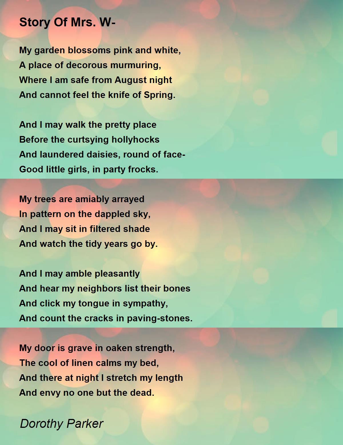 Story Of Mrs. W- Poem by Dorothy Parker - Poem Hunter