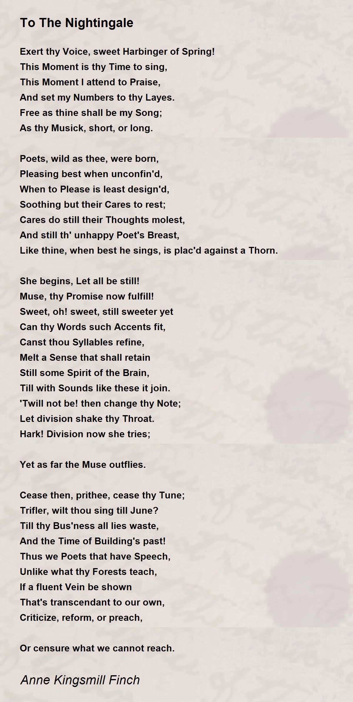 To The Nightingale Poem by Anne Kingsmill Finch Poem Hunter