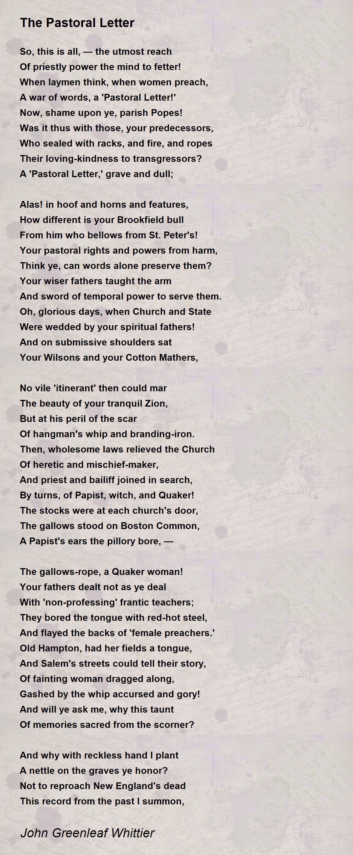 The Pastoral Letter The Pastoral Letter Poem by John Greenleaf Whittier