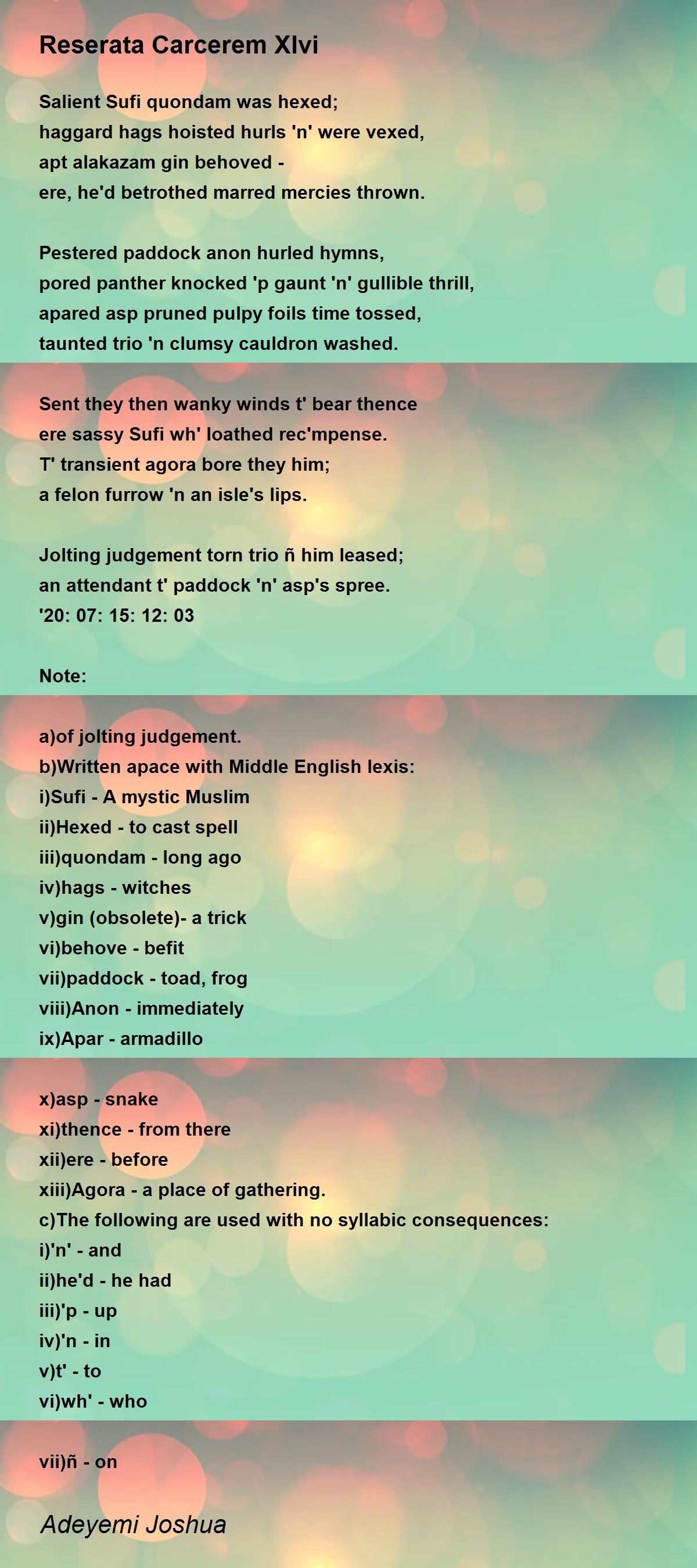 Reserata Carcerem Xlvi By Joshua Adeyemi Reserata Carcerem Xlvi Poem