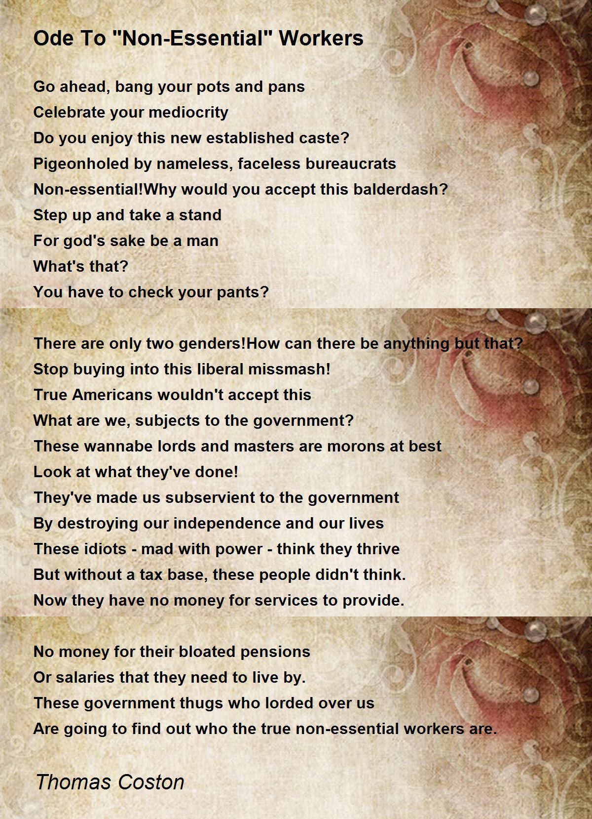 Ode To "Non-Essential" Workers Poem by Thomas Coston - Poem Hunter