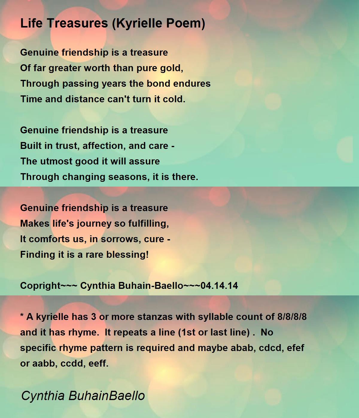 Life Treasures (Kyrielle Poem) by Cynthia BuhainBaello Life Treasures