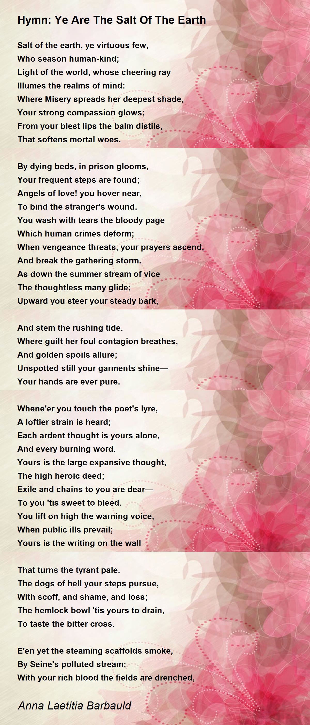 Hymn Ye Are The Salt Of The Earth Poem by Anna Laetitia Barbauld Poem Hunter