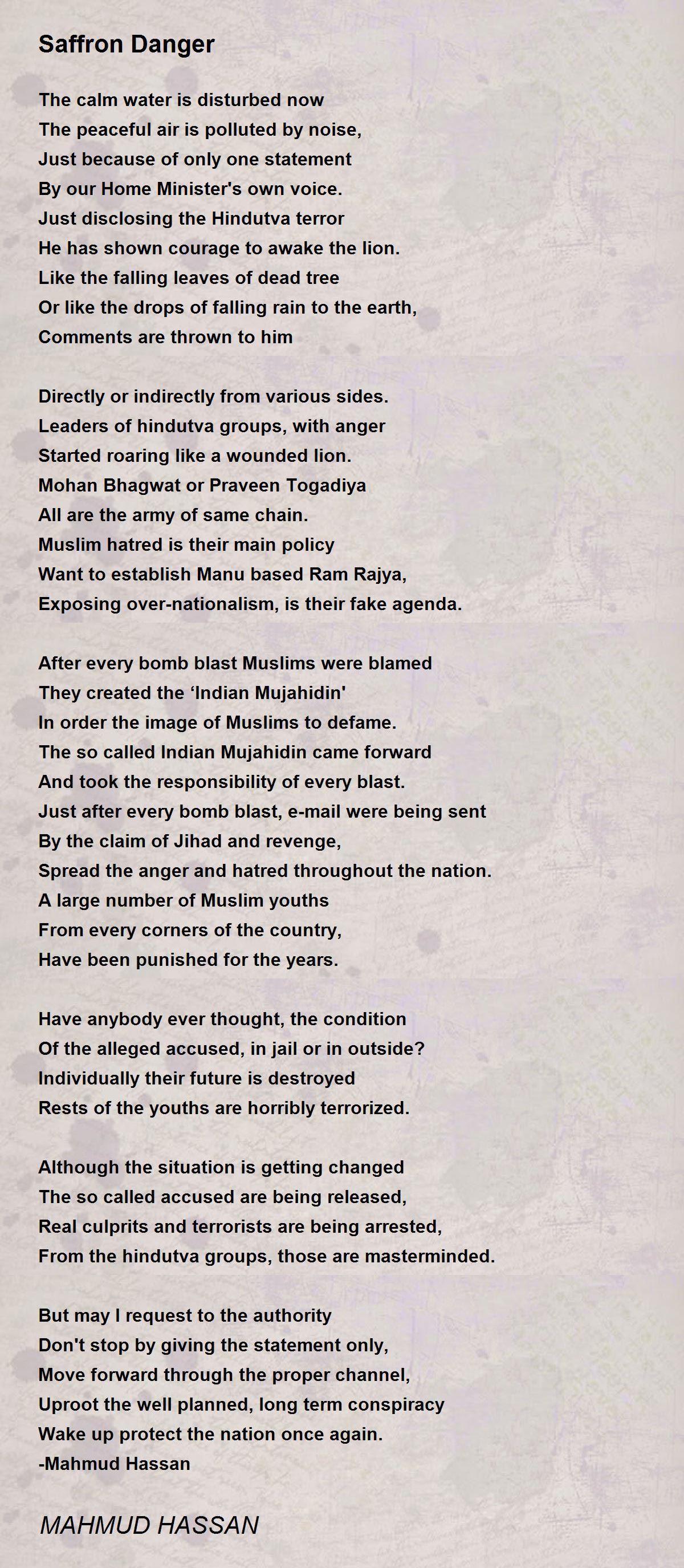 Saffron Danger by MAHMUD HASSAN Saffron Danger Poem