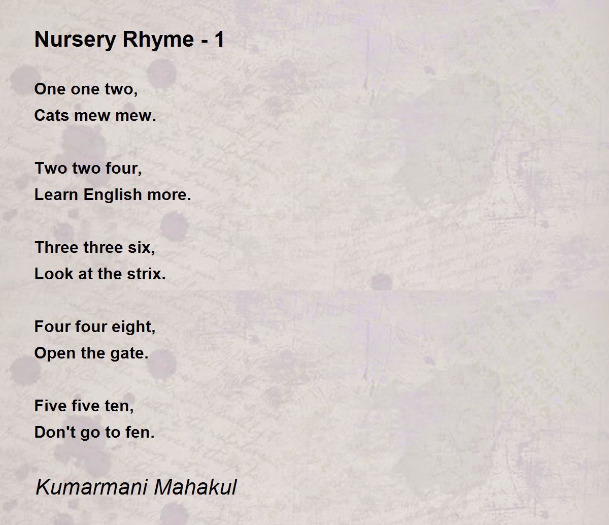 Nursery Rhyme 1 Nursery Rhyme 1 Poem by Kumarmani Mahakul
