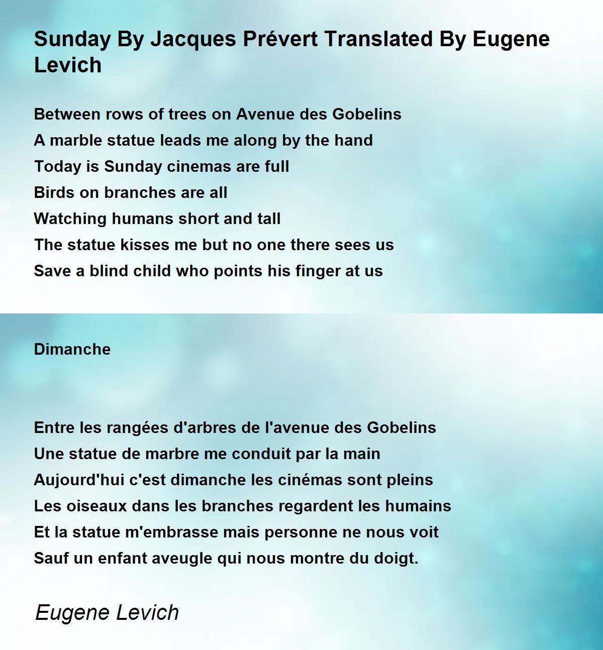 Sunday By Jacques Prévert Translated By Eugene Levich Poem by Eugene