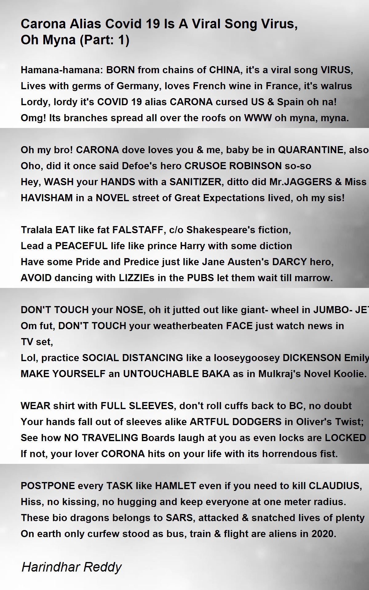 Carona Alias Covid 19 Is A Viral Song Virus Oh Myna Part 1 By Harindhar Reddy Carona Alias Covid 19 Is A Viral Song Virus Oh Myna Part 1 Poem