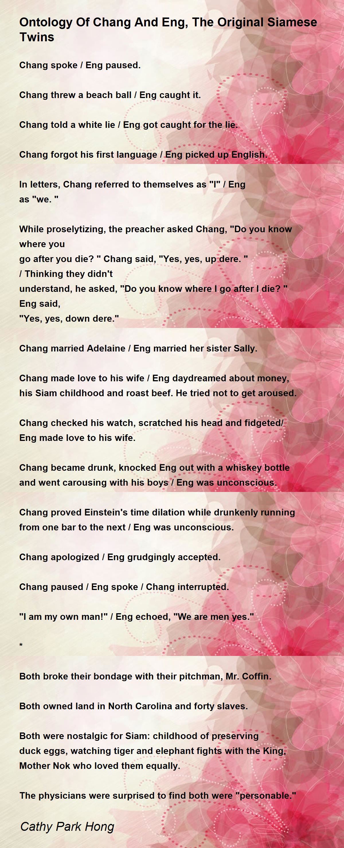 Ontology Of Chang And Eng, The Original Siamese Twins Poem by Cathy ...