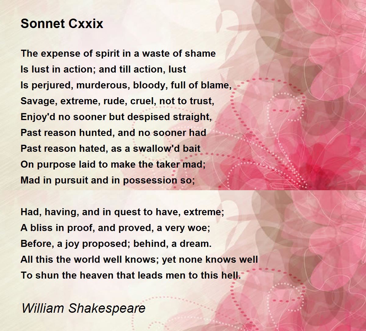 Sonnet Cxxix Poem by William Shakespeare - Poem Hunter