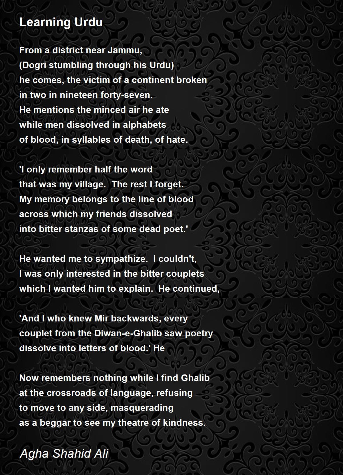 Learning Urdu Learning Urdu Poem by Agha Shahid Ali