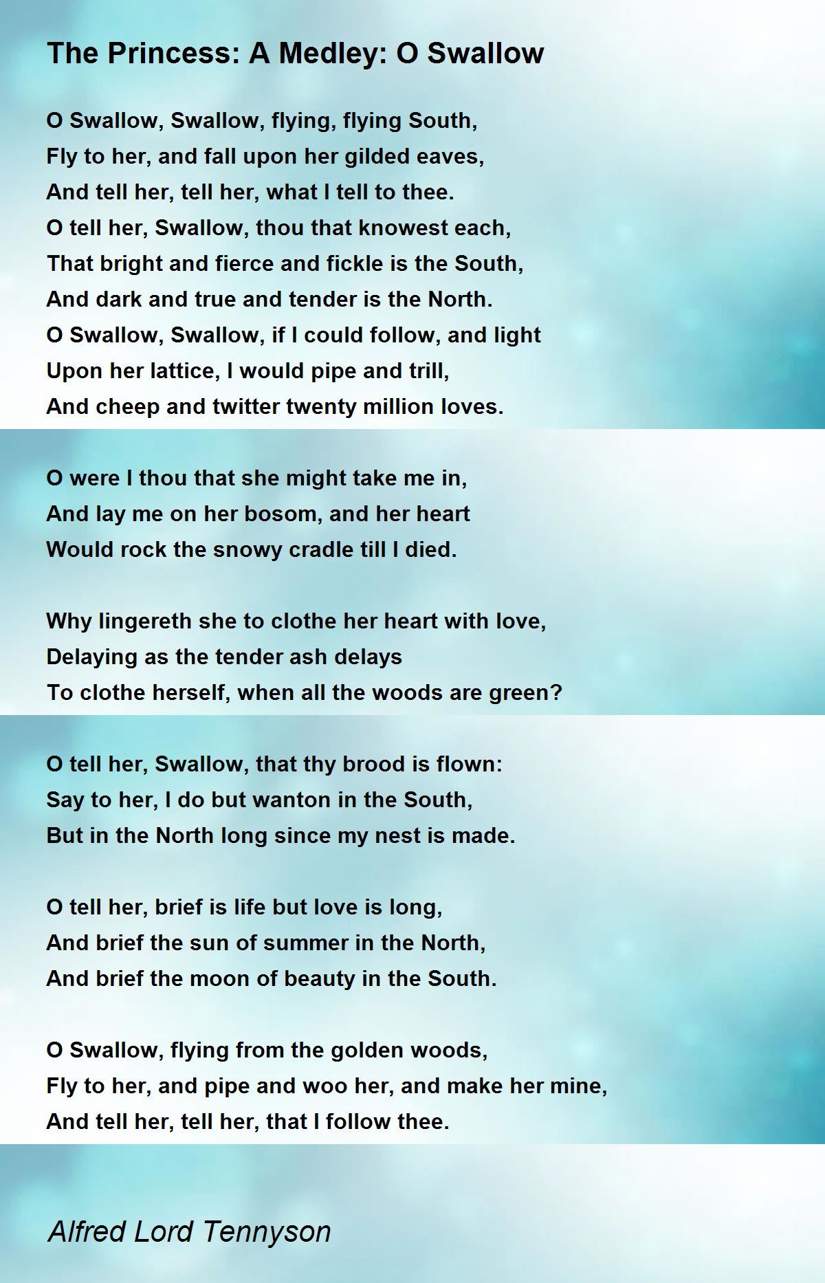 The Princess: A Medley: O Swallow by Alfred Lord Tennyson - The ...