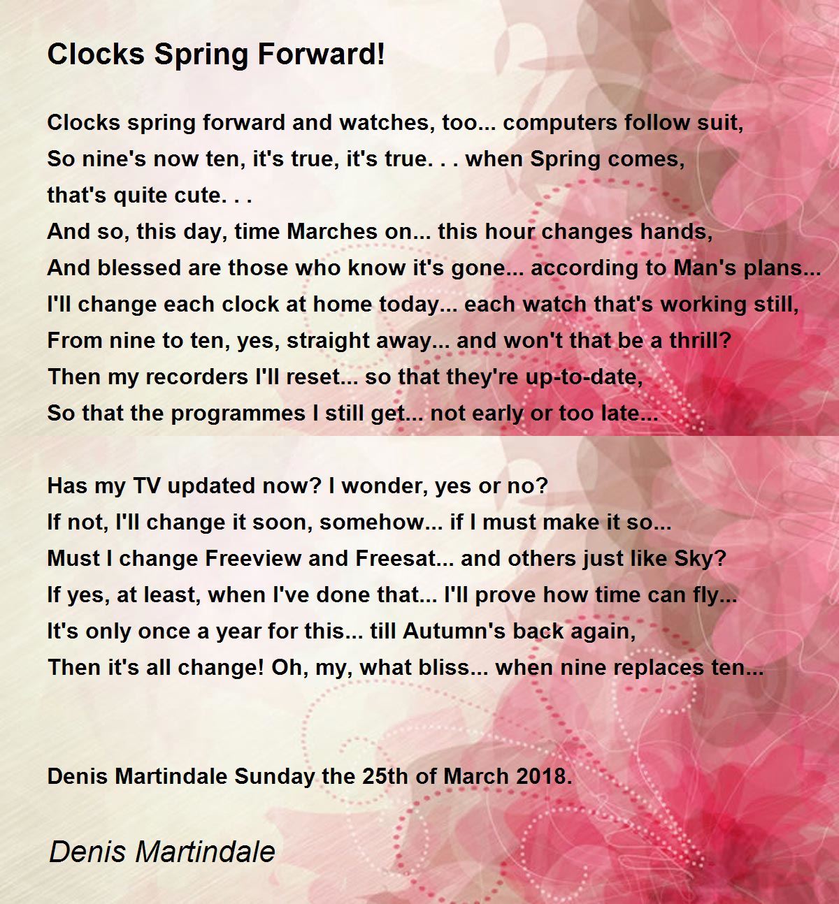 Clocks Spring Forward! Clocks Spring Forward! Poem by Denis Martindale