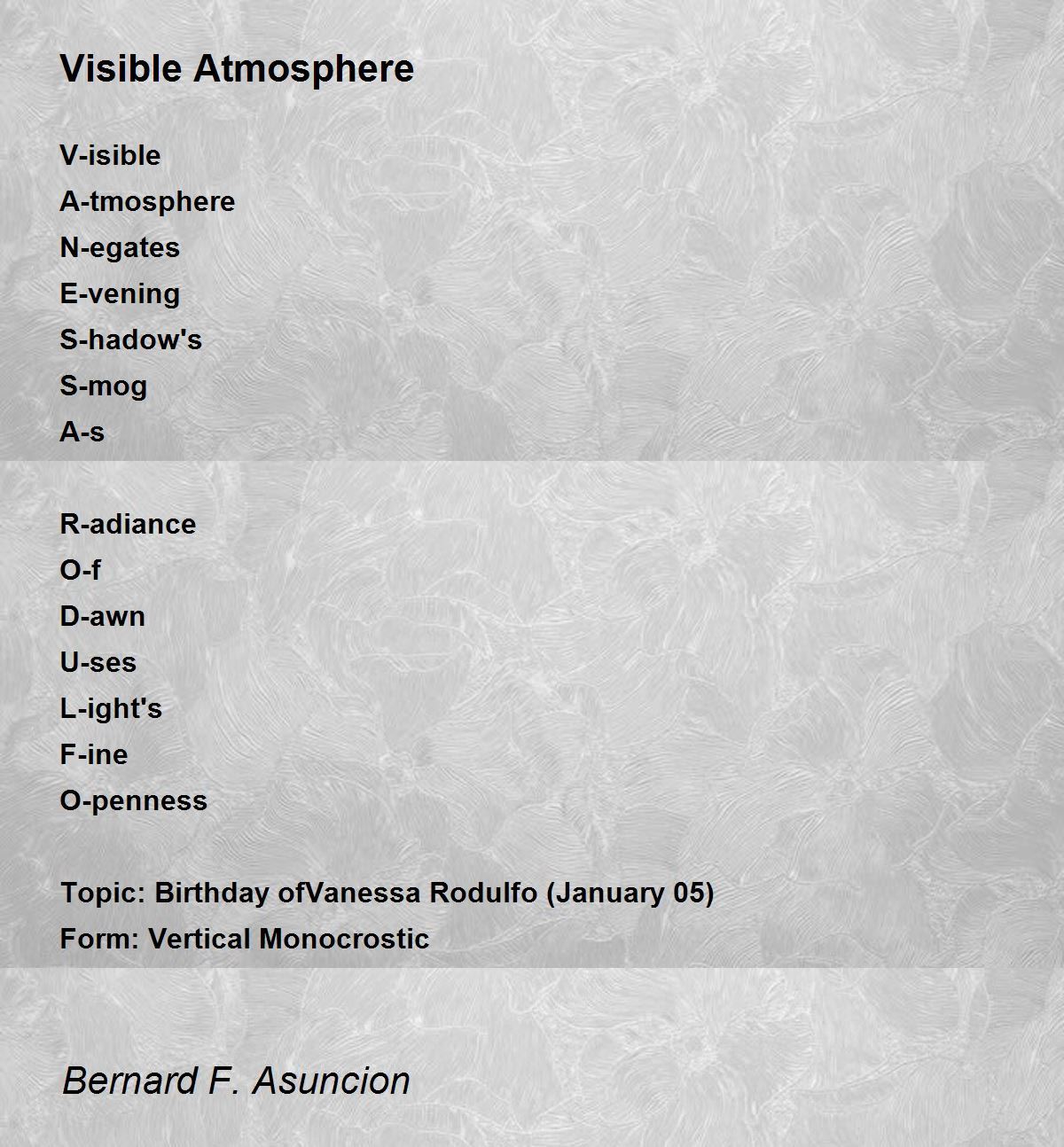 Visible Atmosphere by Bernard F. Asuncion Visible Atmosphere Poem