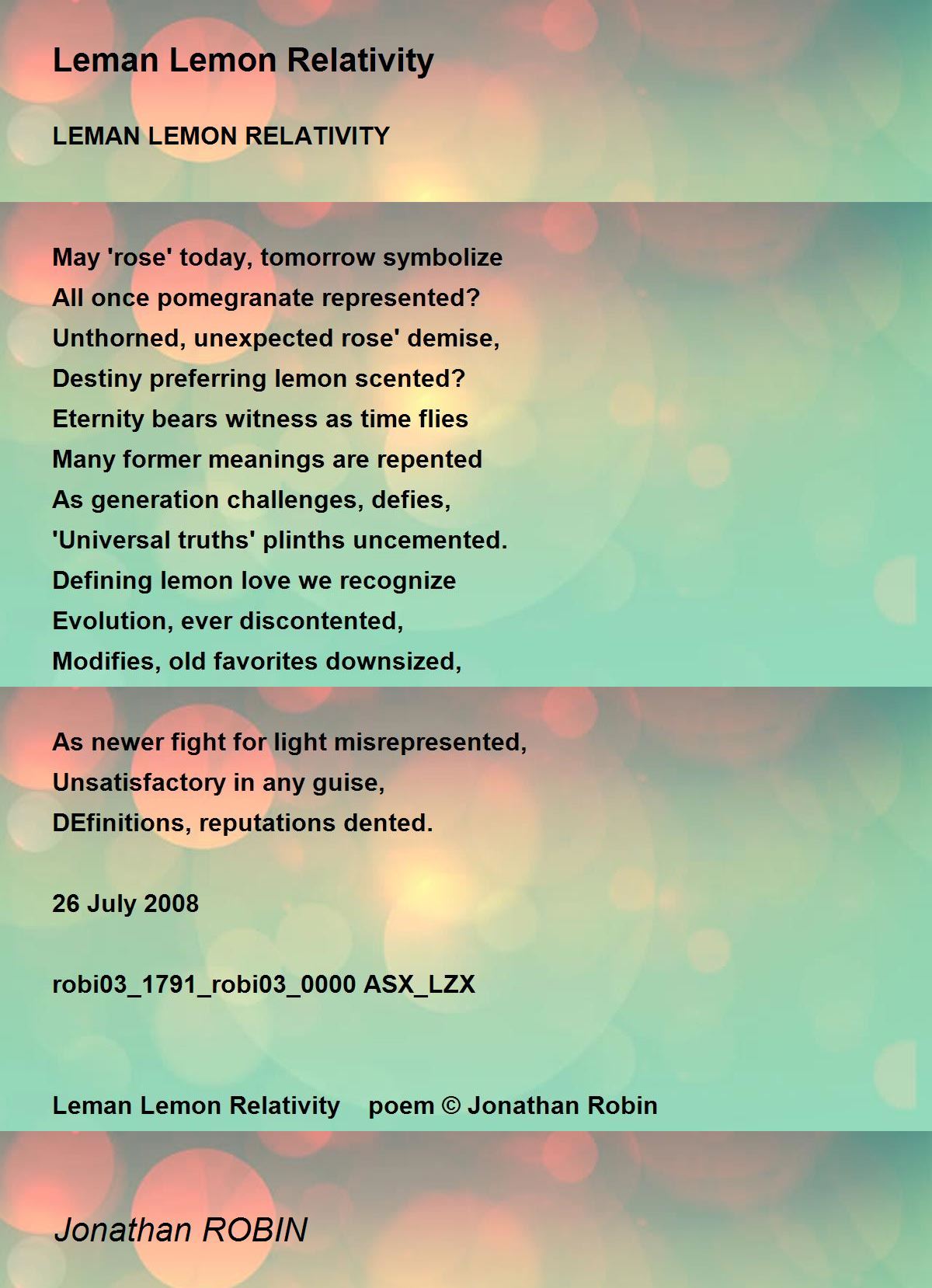 Leman Lemon Relativity by Jonathan ROBIN Leman Lemon Relativity Poem
