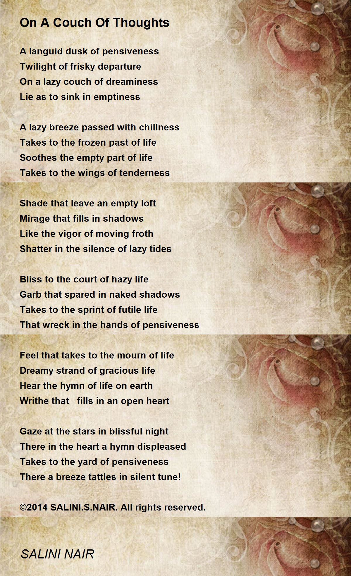 On A Couch Of Thoughts Poem by SALINI NAIR Poem Hunter