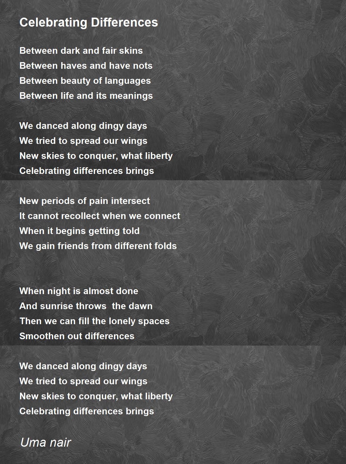 Celebrating Differences - Celebrating Differences Poem by Uma nair