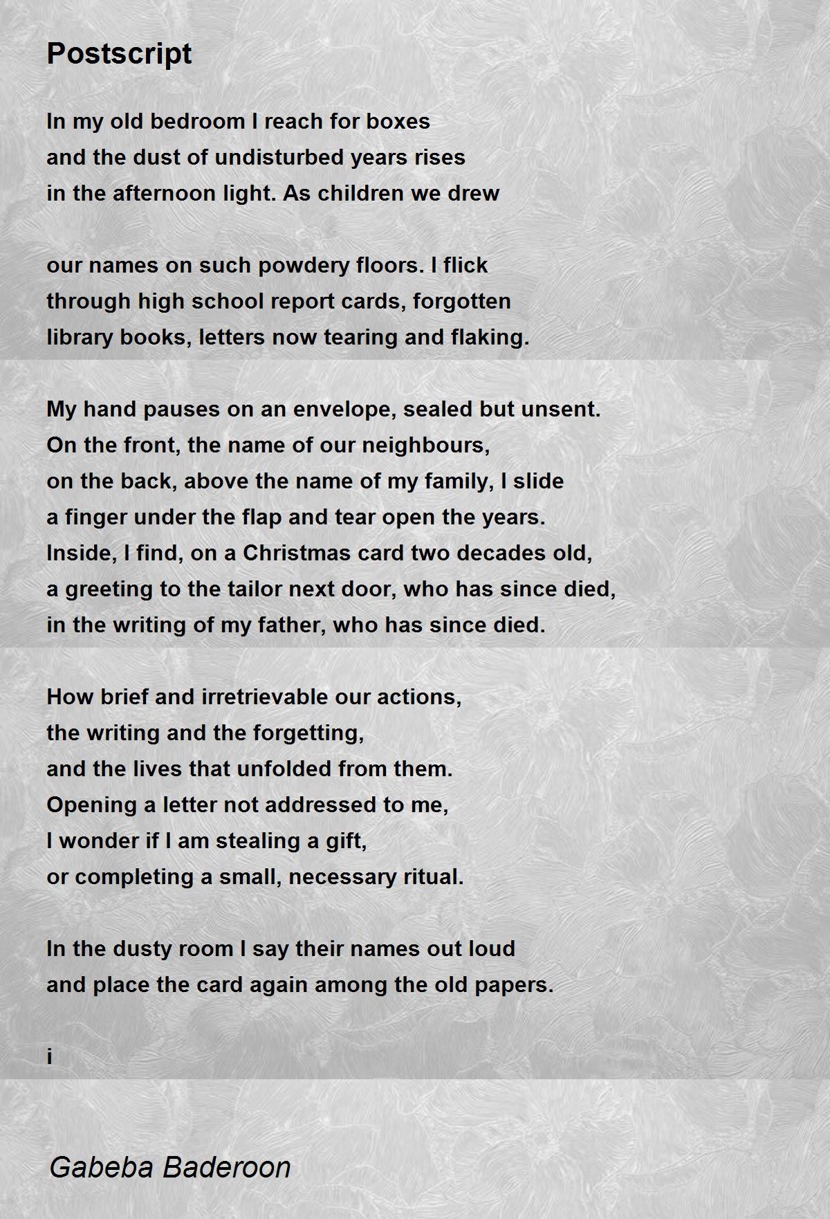 Postscript Poem by Gabeba Baderoon Poem Hunter