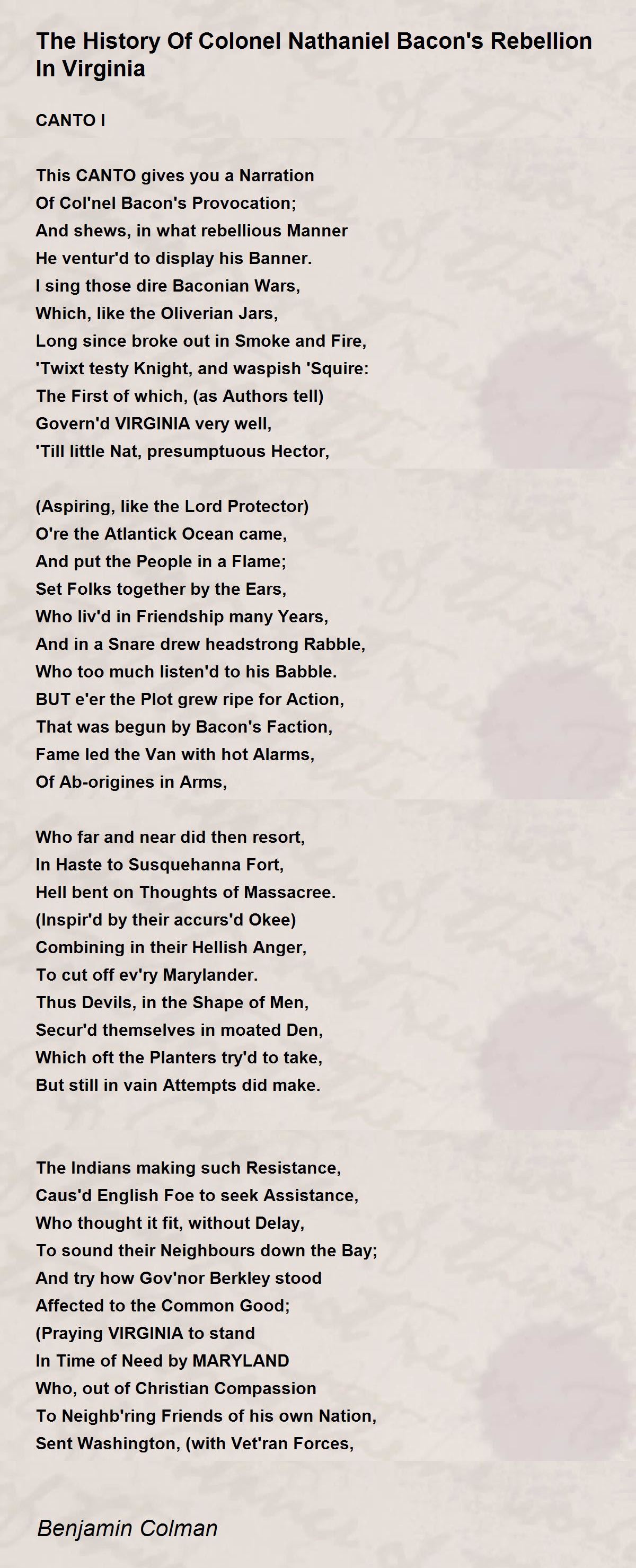 The History Of Colonel Nathaniel Bacon's Rebellion In Virginia Poem by