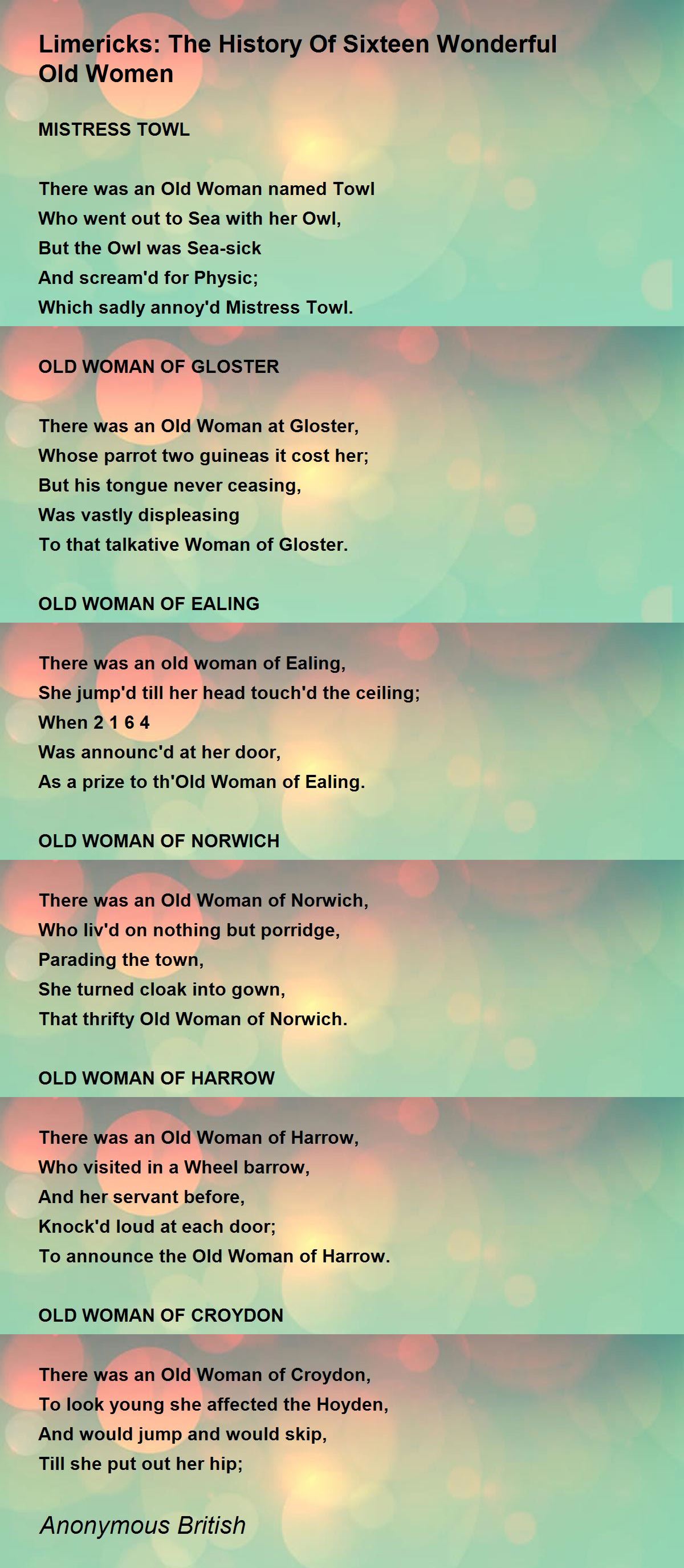 Limericks The History Of Sixteen Wonderful Old Women Poem by Anonymous