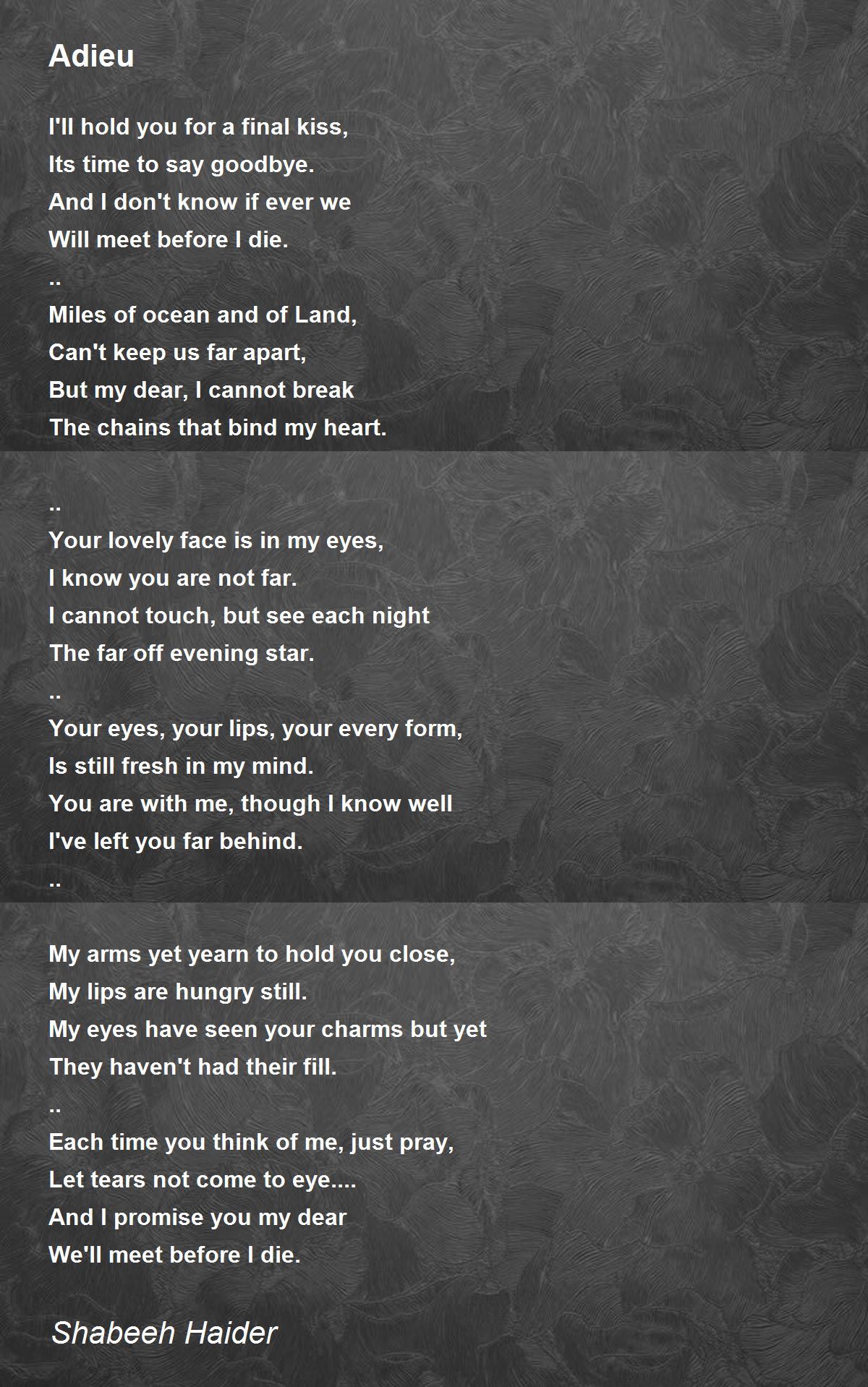 Adieu by Shabeeh Haider Adieu Poem