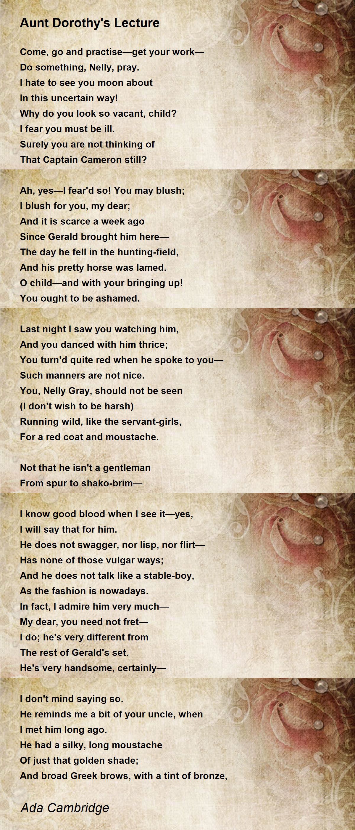 Aunt Dorothy's Lecture Aunt Dorothy's Lecture Poem by Ada Cambridge