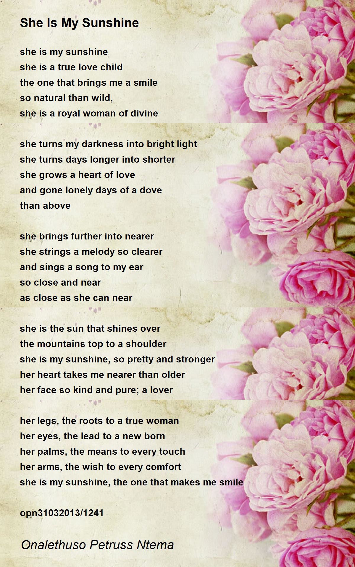 She Is My Sunshine She Is My Sunshine Poem by Onalethuso Petruss Ntema
