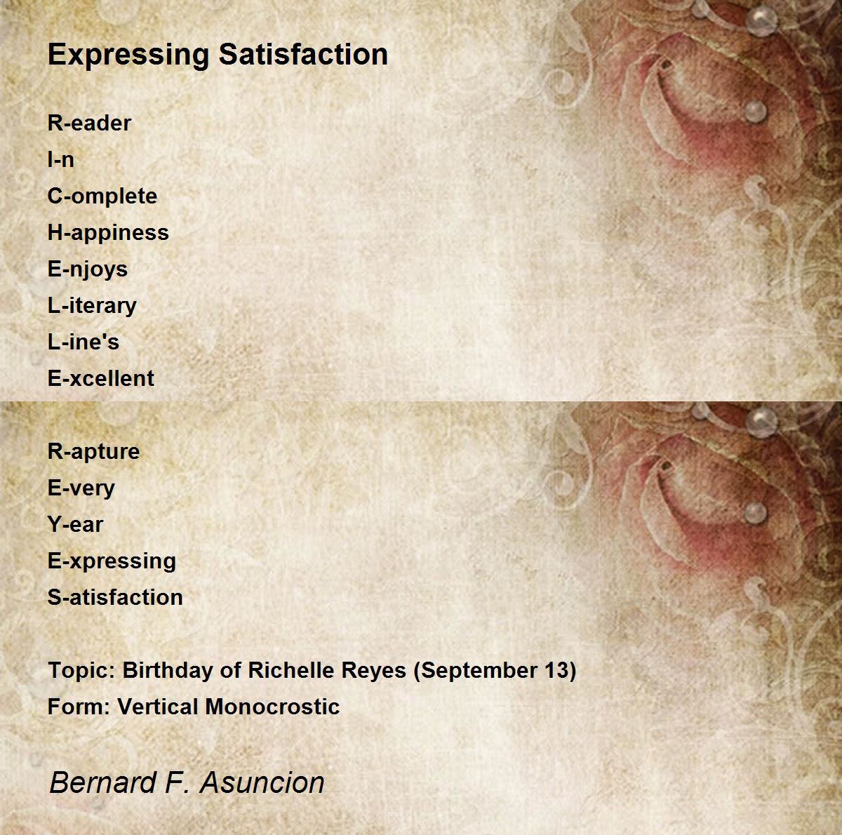 Expressing Satisfaction Poem by Bernard F. Asuncion Poem Expressing Satisfaction Poem by Bernard F. Asuncion Poem