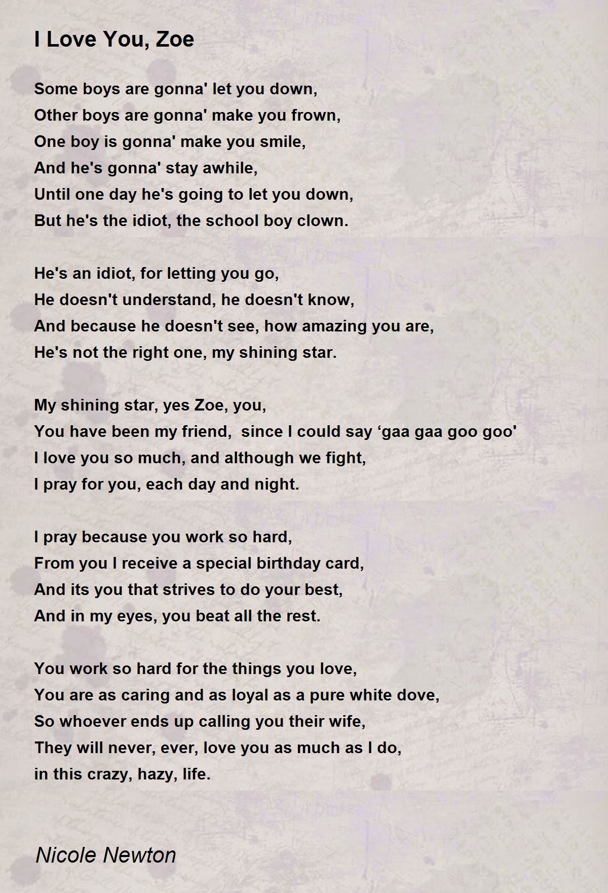 I Love You, Zoe I Love You, Zoe Poem by Nicole Newton
