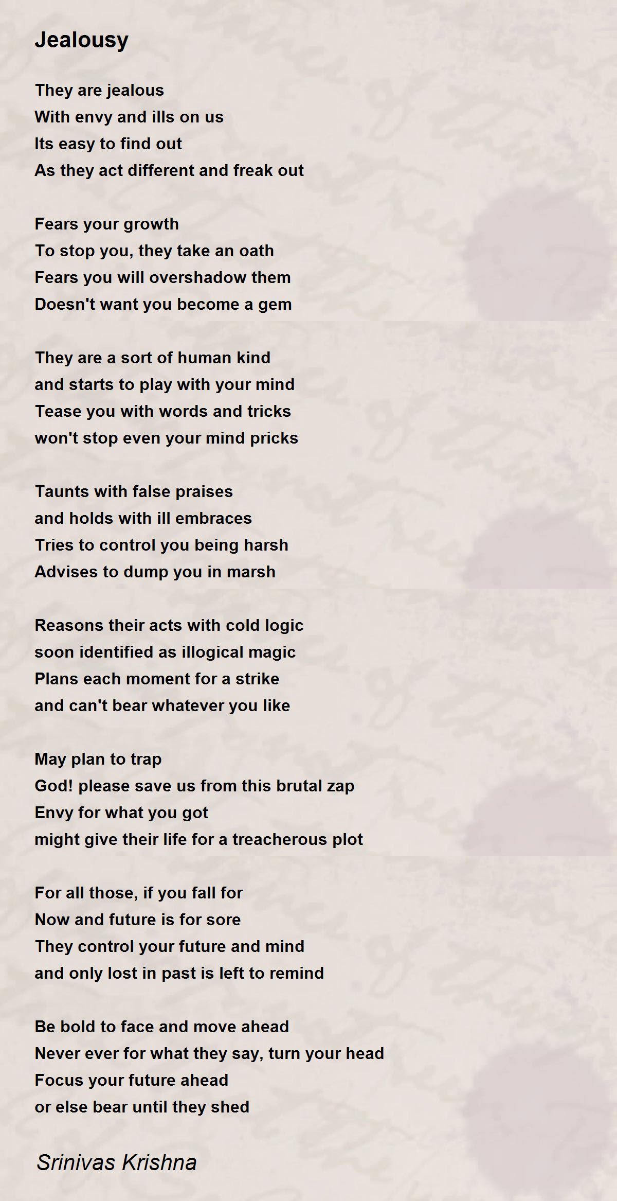 Jealousy by Srinivas Krishna Jealousy Poem