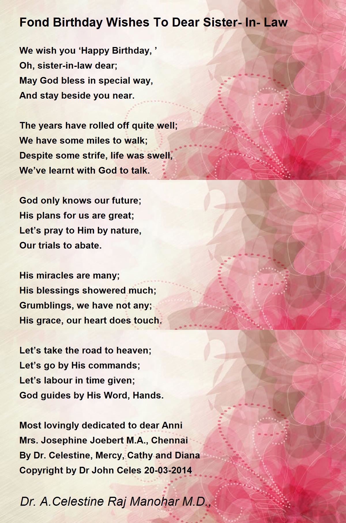 Birthday Poem For Sister In Law Fond Birthday Wishes To Dear Sister-In-Law - Fond Birthday Wishes To Dear  Sister-In-Law Poem By Dr John Celes