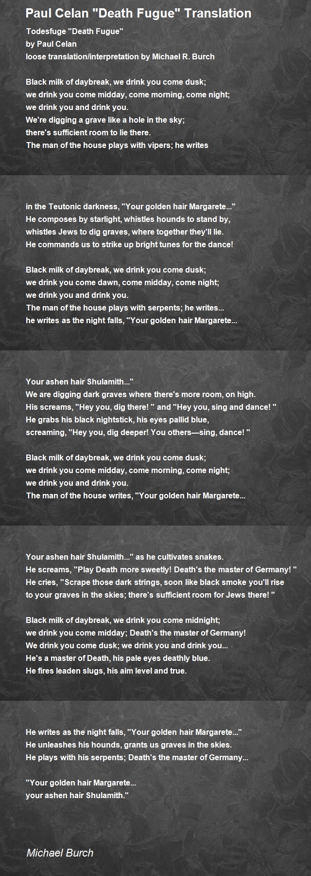 Paul Celan "Death Fugue" Translation Poem by Michael Burch Poem Hunter