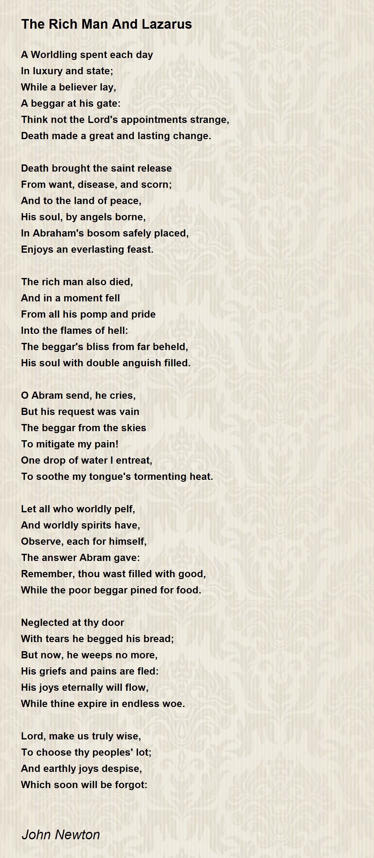 The Rich Man And Lazarus Poem by John Newton - Poem Hunter