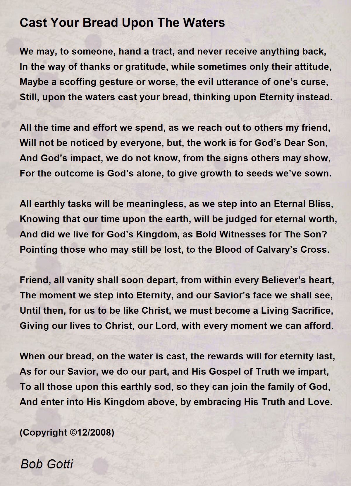 Cast Your Bread Upon The Waters Cast Your Bread Upon The Waters Poem 