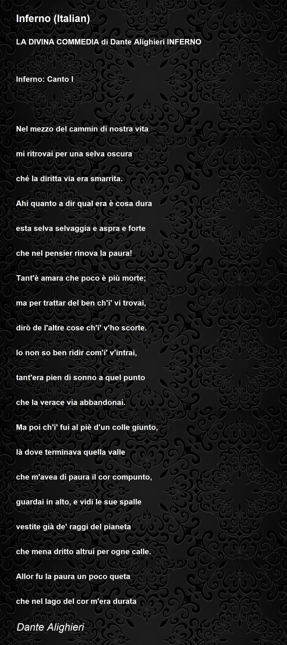 Inferno Italian By Dante Alighieri Inferno Italian Poem