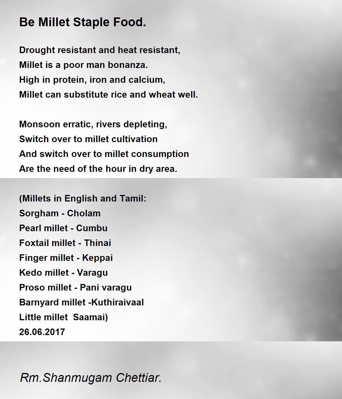 Be Millet Staple Food. Be Millet Staple Food. Poem by Rm. Shanmugam