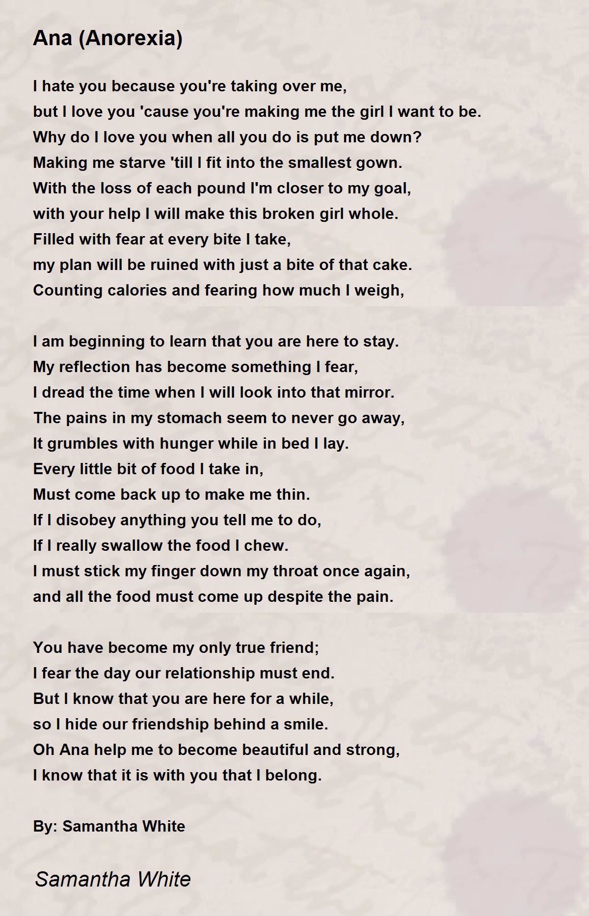 Ana (Anorexia) - Ana (Anorexia) Poem by Samantha White