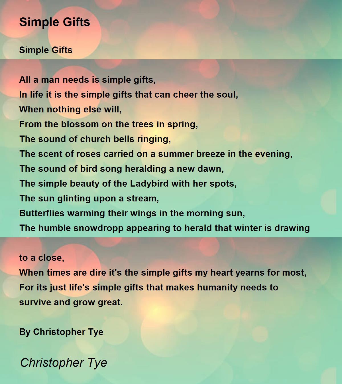 Simple Gifts Simple Gifts Poem by Christopher Tye