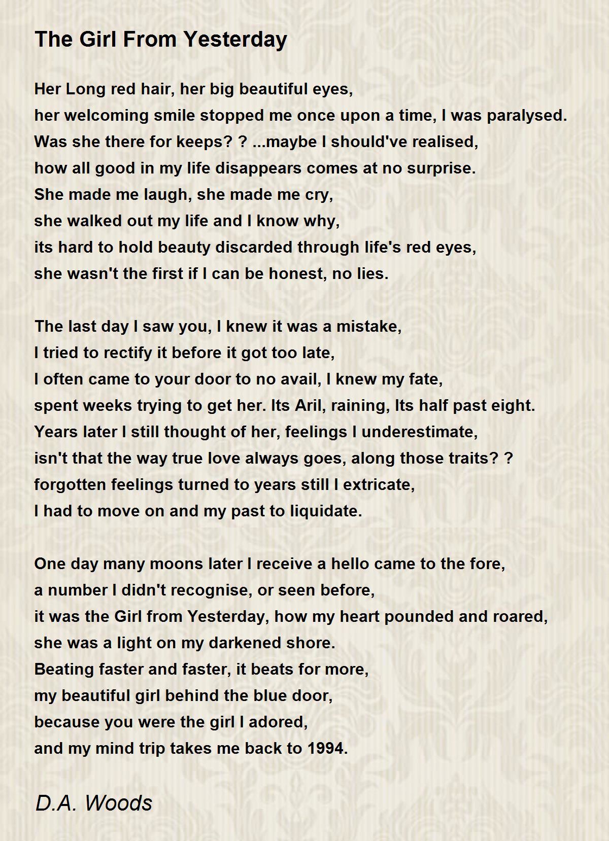 The Girl From Yesterday The Girl From Yesterday Poem by Darren Woods