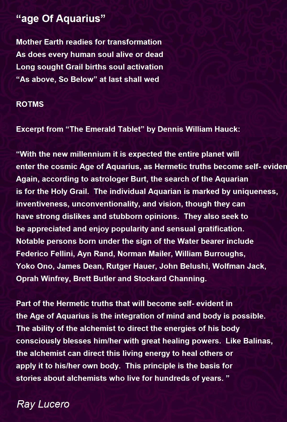 “age Of Aquarius” Poem by Ray Lucero - Poem Hunter