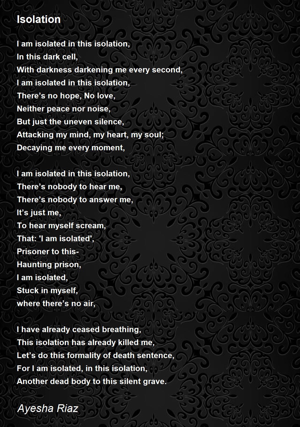 Isolation Poem by Ayesha Riaz Poem Hunter